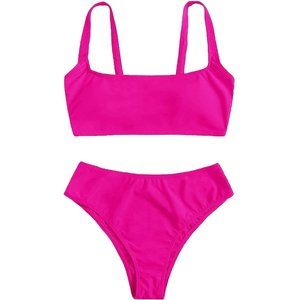 Neon Pink Scoop Neck High Waisted Bikini